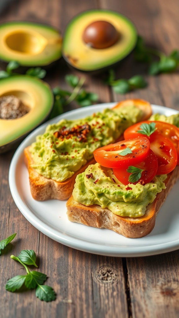 Avocado toast topped with tomatoes and herbs on a rustic plate.